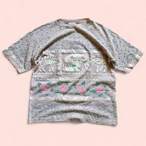 Vintage 1990s Girrafe Elephant Print Shirt - Pink and Cream L